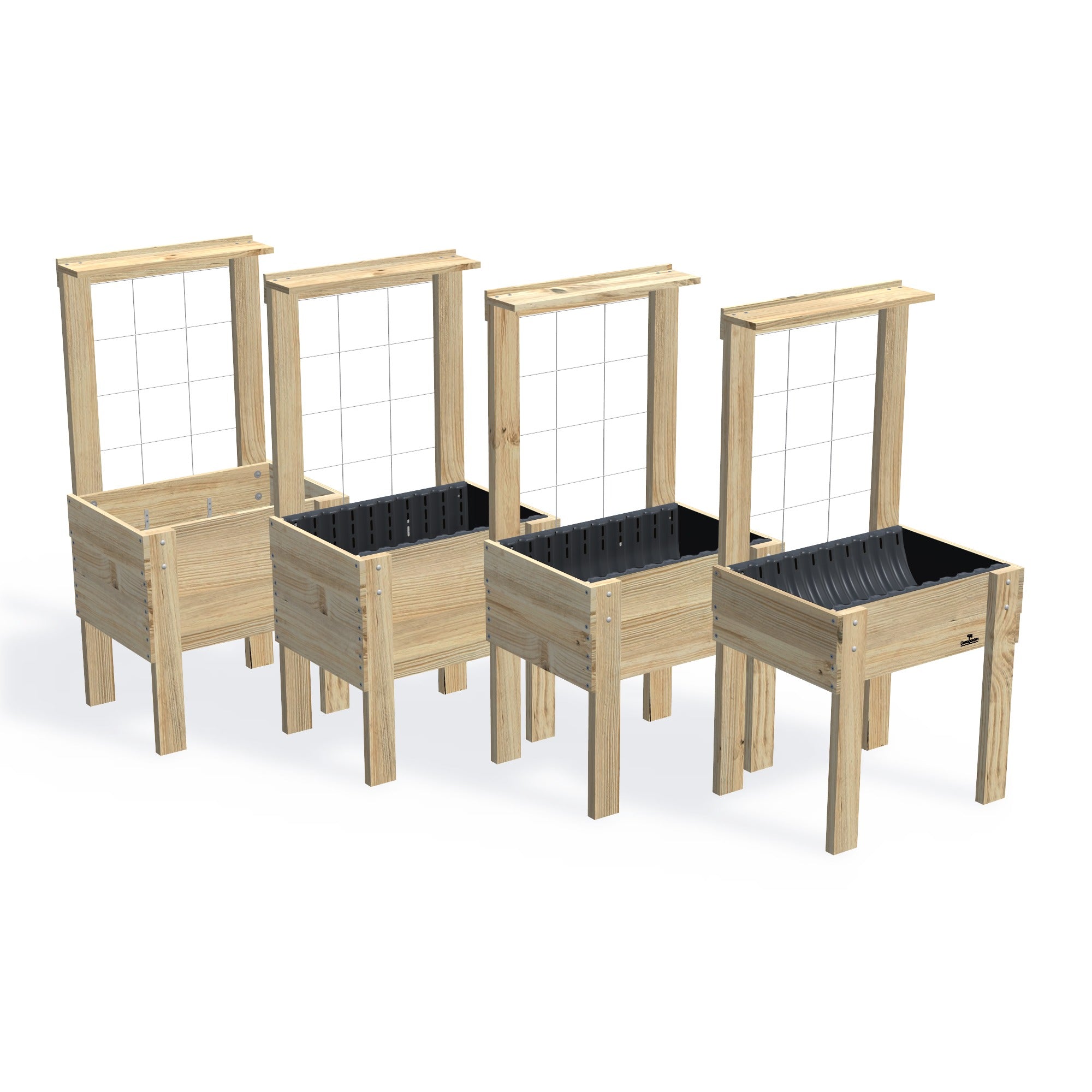 COMPACT Raised Garden Bed with Trellis & Pot Shelf Kit — the full range of timber garden beds, shown together