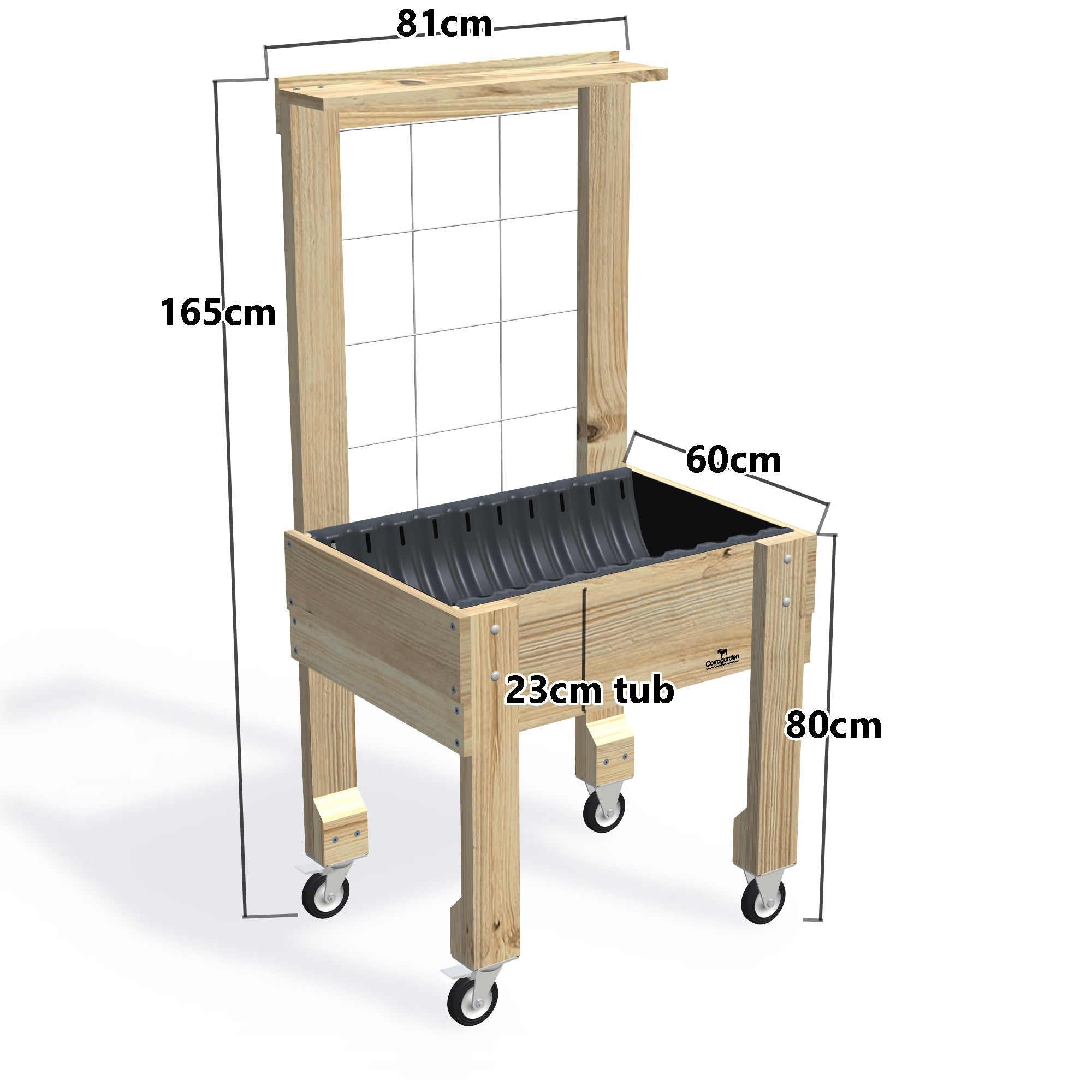 COMPACT Raised Garden Bed with Trellis, Pot Shelf & Wheels, 23cm — timber garden bed, dimensions labelled