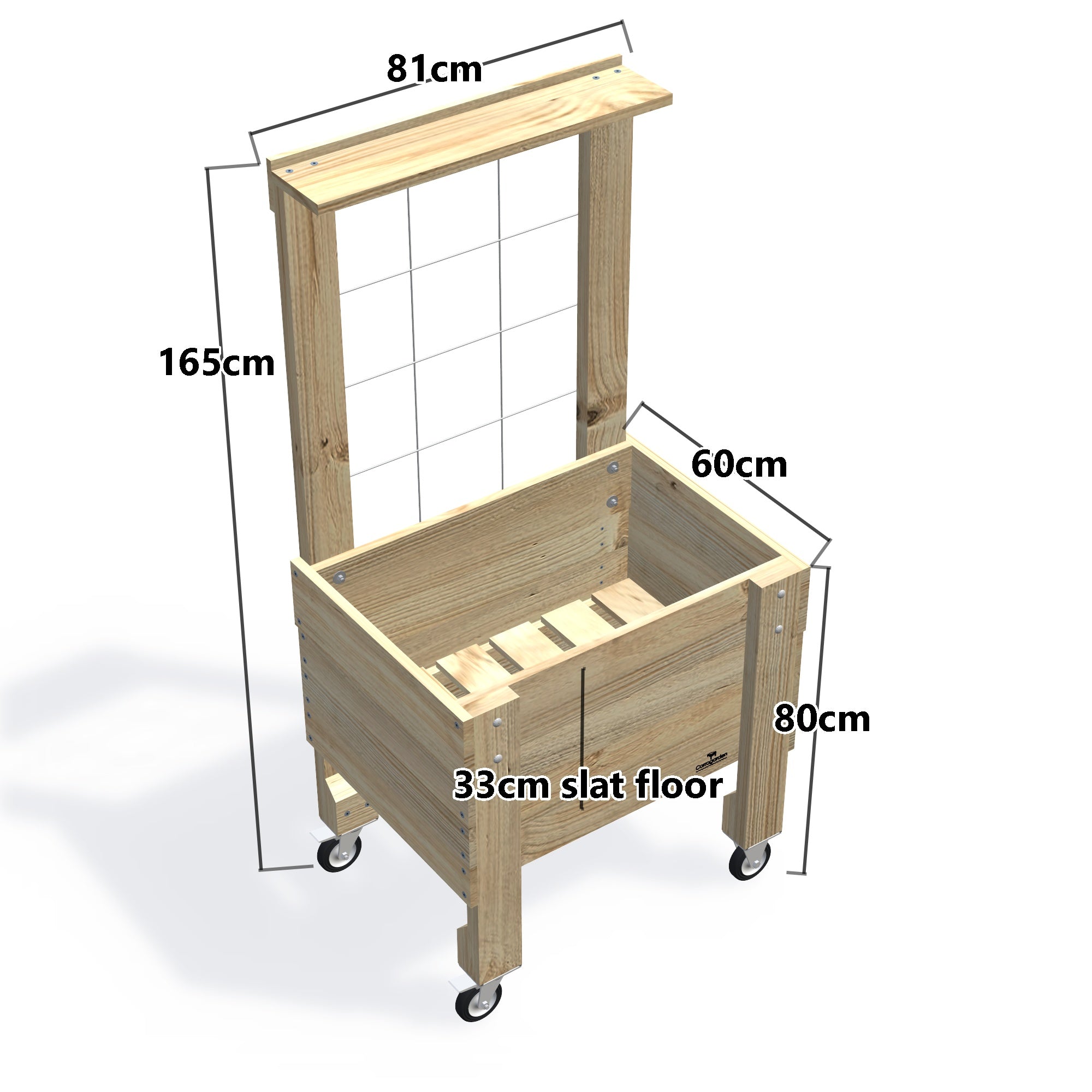 COMPACT Raised Garden Bed with Trellis, Pot Shelf & Wheels, 33cm (Slatted Base) — timber garden bed, dimensions labelled