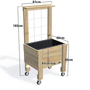 COMPACT Raised Garden Bed with Trellis, Pot Shelf & Wheels, 41cm — timber garden bed, dimensions labelled
