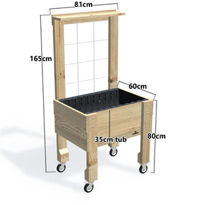 COMPACT Raised Garden Bed with Trellis, Pot Shelf & Wheels Kit, 35cm — timber garden bed, dimensions labelled