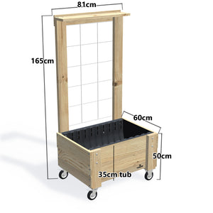 COMPACT Raised Garden Bed with Trellis, Pot Shelf & Wheels Kit, 35cm — portable timber raised garden bed on castors, dimensions labelled