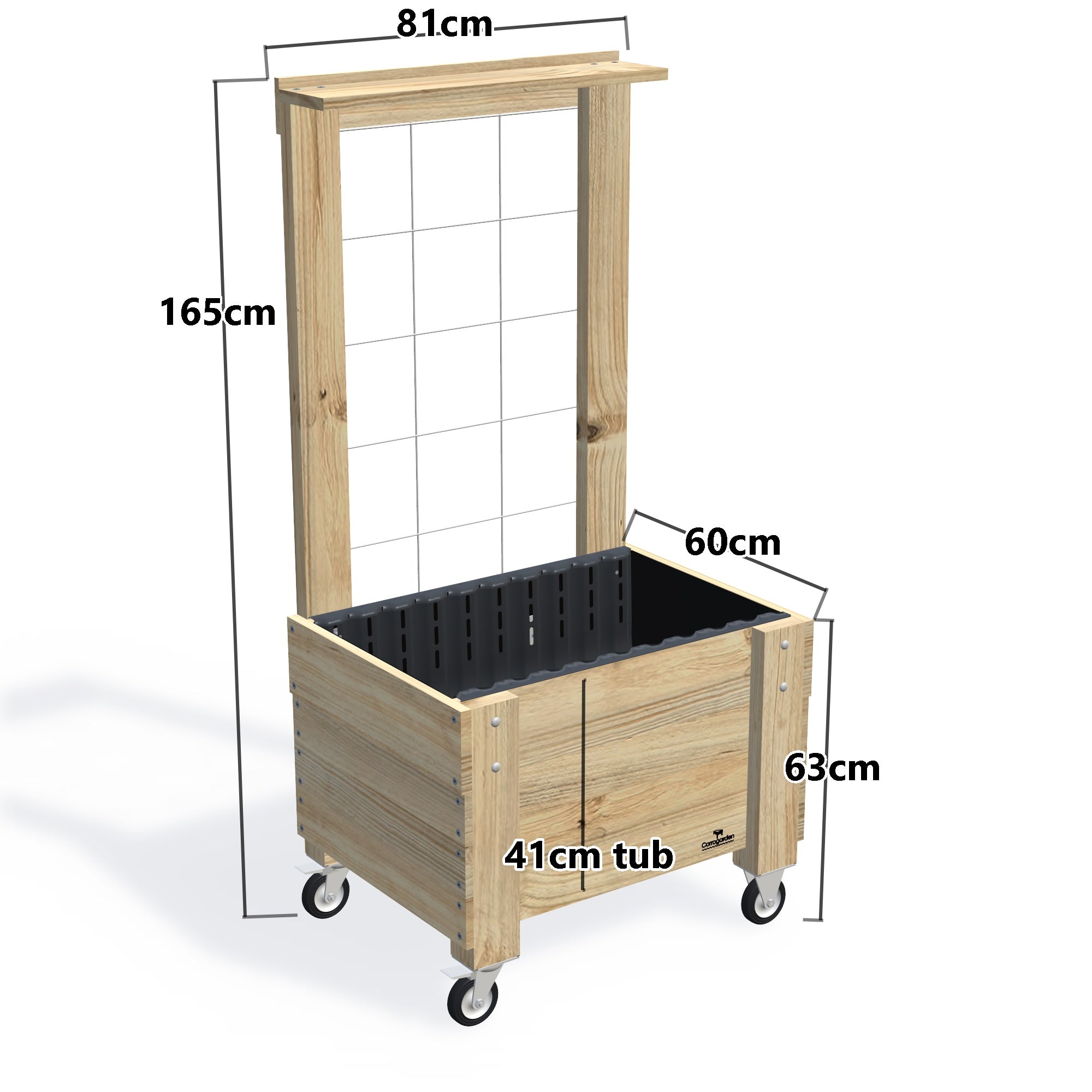 COMPACT Raised Garden Bed with Trellis, Pot Shelf & Wheels Kit, 41cm — portable timber raised garden bed on castors, dimensions labelled