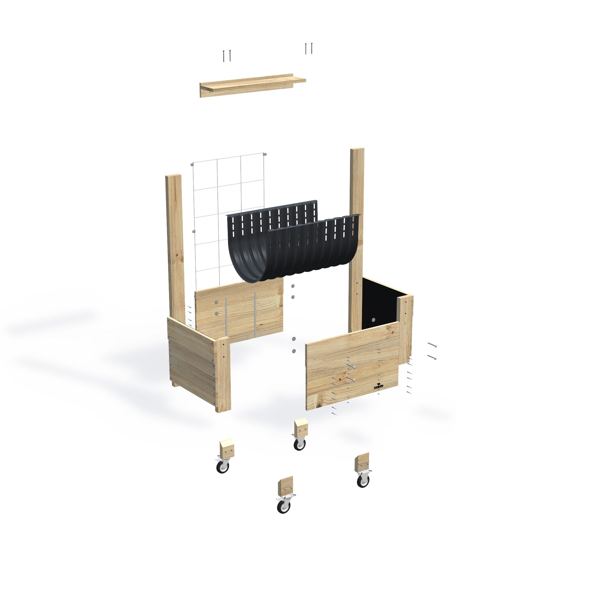 COMPACT Raised Garden Bed with Trellis, Pot Shelf & Wheels Kit, 41cm — exploded view of the flat-pack timber raised garden bed kit, showing the parts supplied