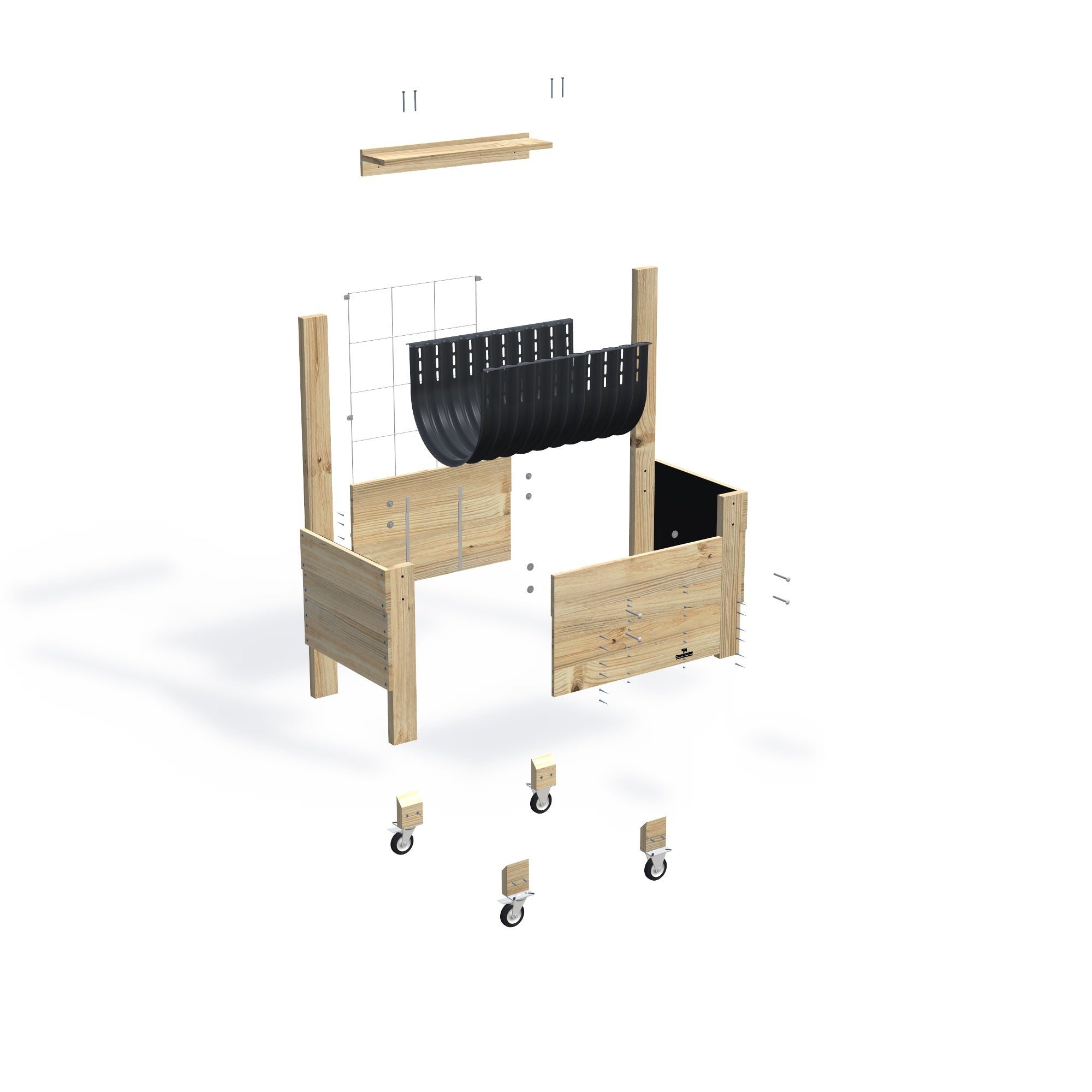 COMPACT Raised Garden Bed with Trellis, Pot Shelf & Wheels Kit, 41cm — exploded view of the flat-pack timber raised garden bed kit, showing the parts supplied