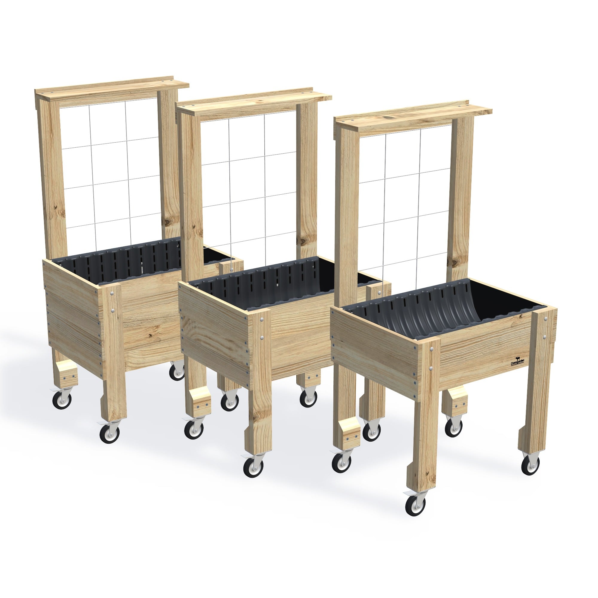 COMPACT Raised Garden Bed with Trellis, Pot Shelf & Wheels Kit — the full range of timber garden beds, shown together
