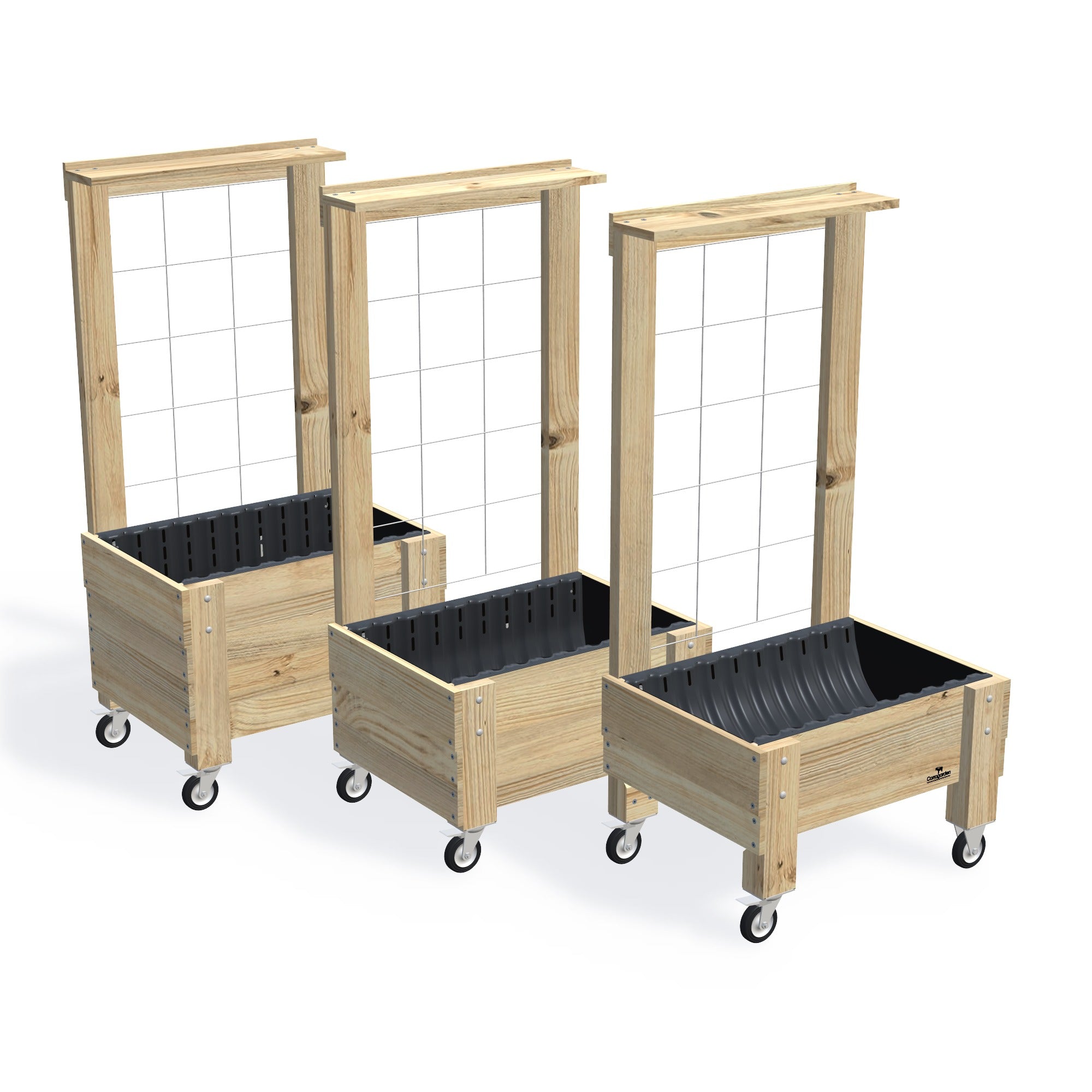 COMPACT Raised Garden Bed with Trellis, Pot Shelf & Wheels Kit — the full range of portable timber raised garden beds, shown together