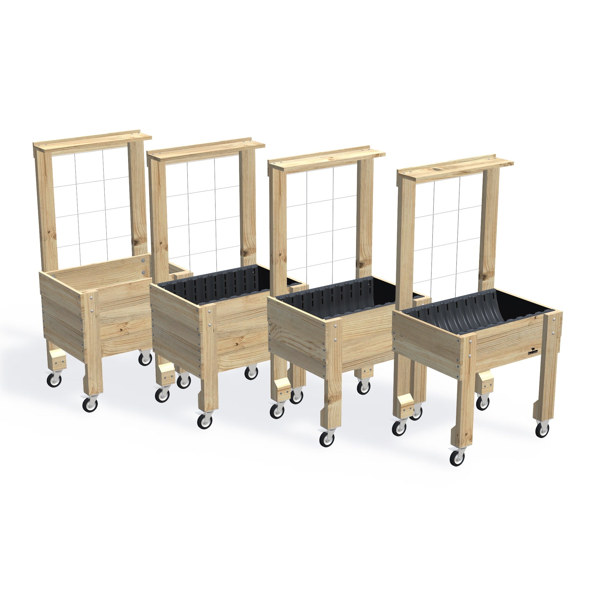 COMPACT Raised Garden Bed with Trellis, Pot Shelf & Wheels — the full range of timber garden beds, shown together