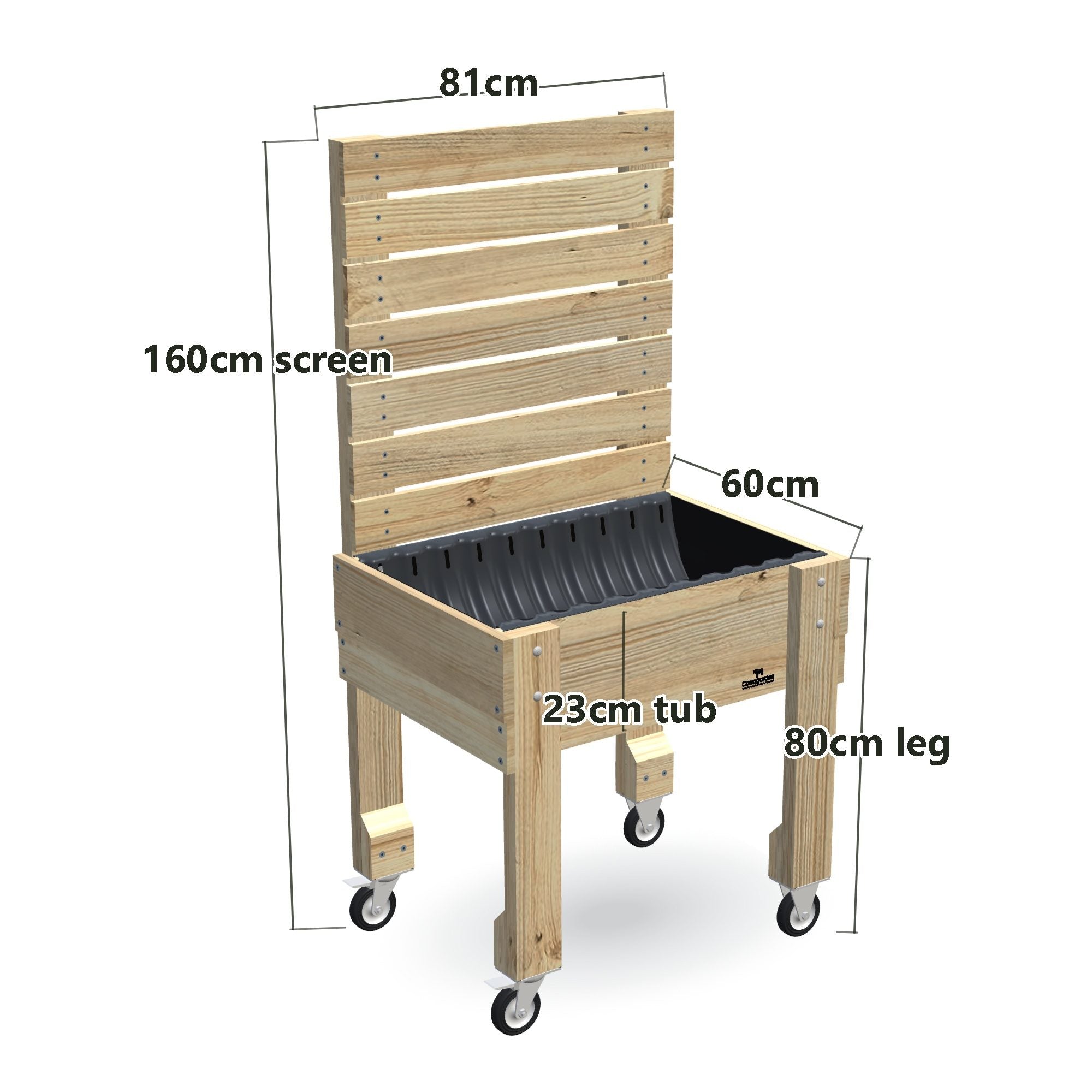 COMPACT Raised Garden Bed with Trellis, Pot Shelf & Wheels, Privacy Screen 1.6m / 23cm — timber garden bed, dimensions labelled