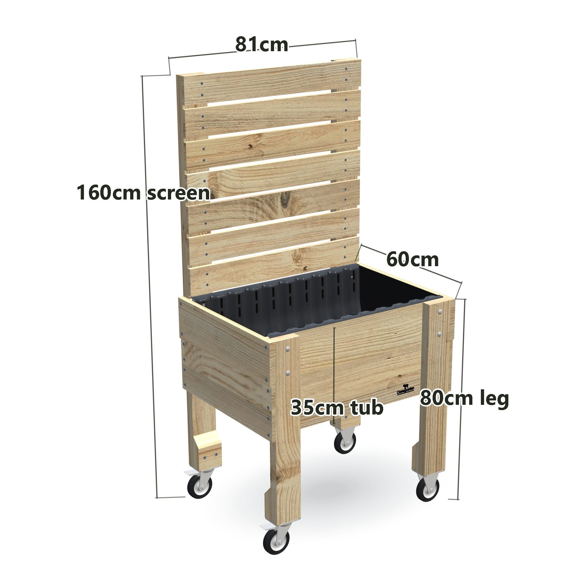 COMPACT Raised Garden Bed with Trellis, Pot Shelf & Wheels, Privacy Screen 1.6m / 35cm — timber garden bed, dimensions labelled