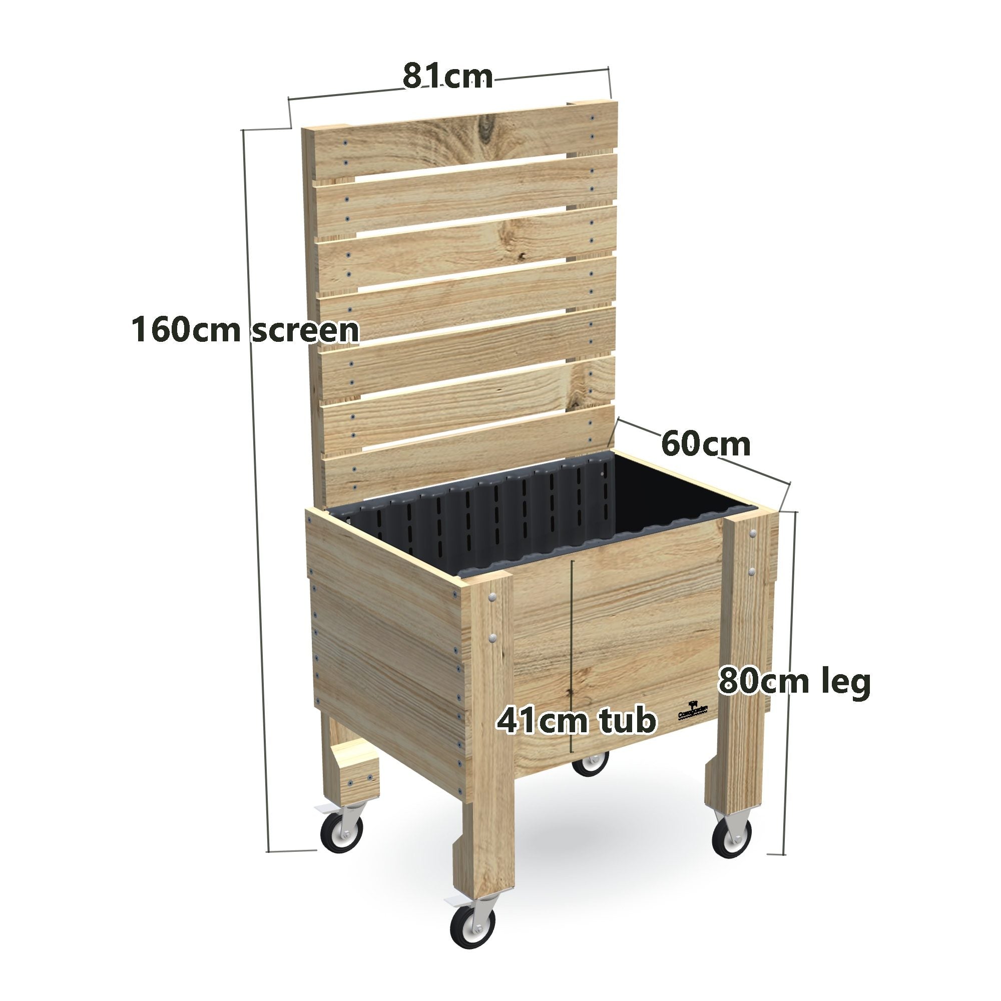 COMPACT Raised Garden Bed with Trellis, Pot Shelf & Wheels, Privacy Screen 1.6m / 41cm — timber garden bed, dimensions labelled