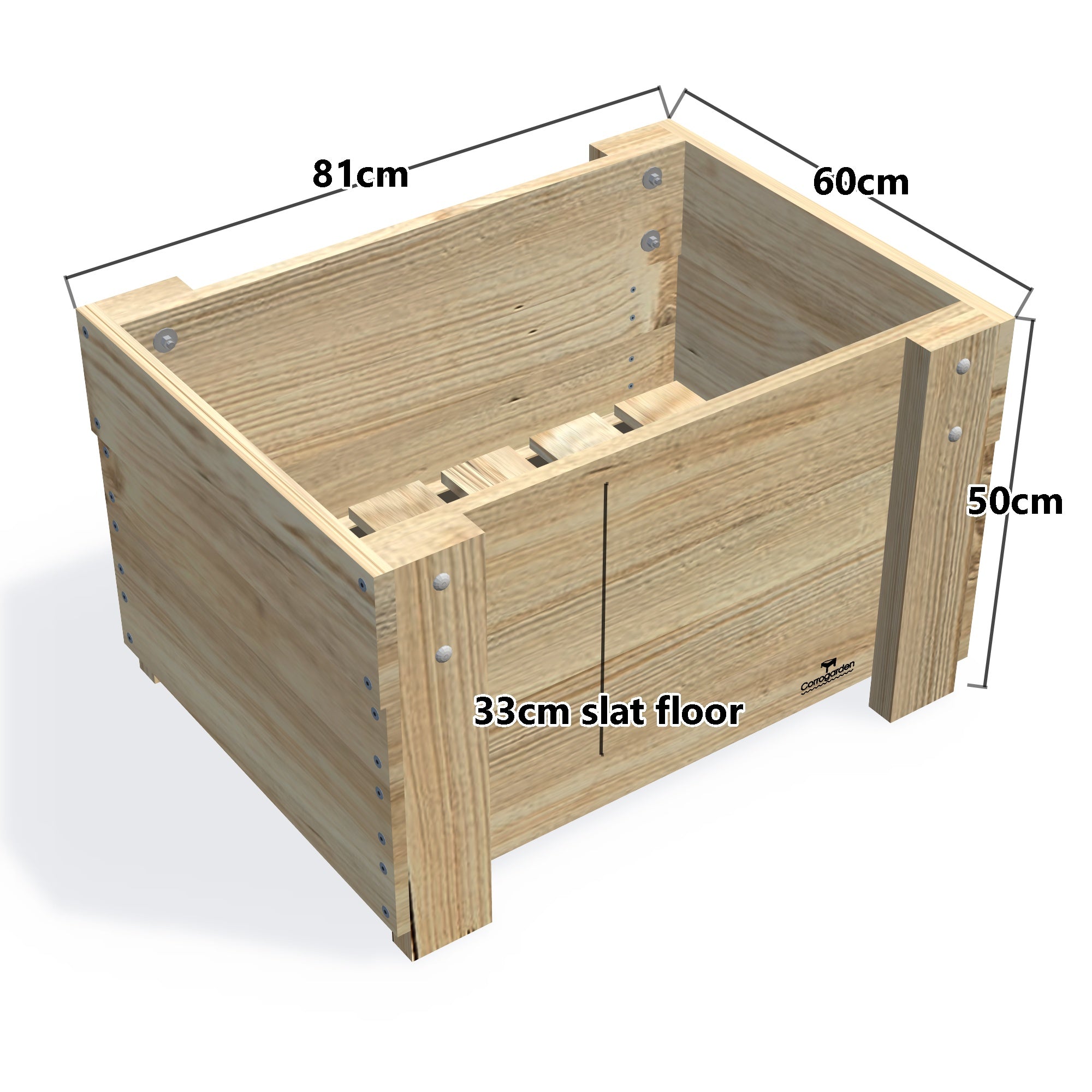 Compact Slatted Raised Planter Box on Legs, 50cm high — timber planter boxe, dimensions labelled