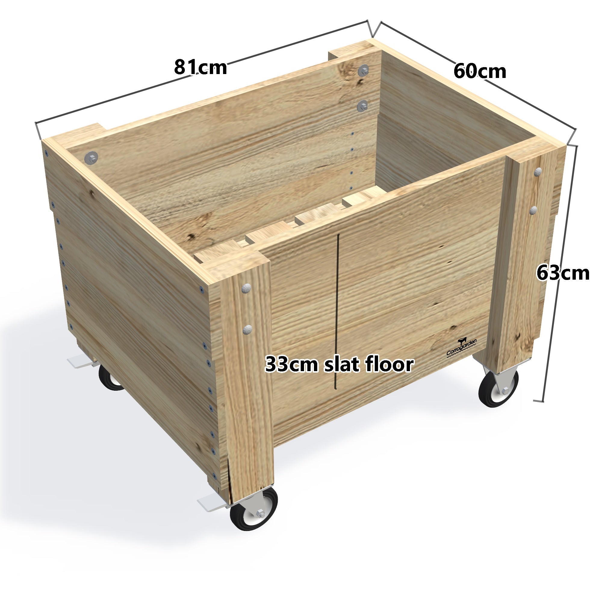 Compact Slatted Raised Planter Box on Legs, 60cm high with wheels — timber planter boxe, dimensions labelled