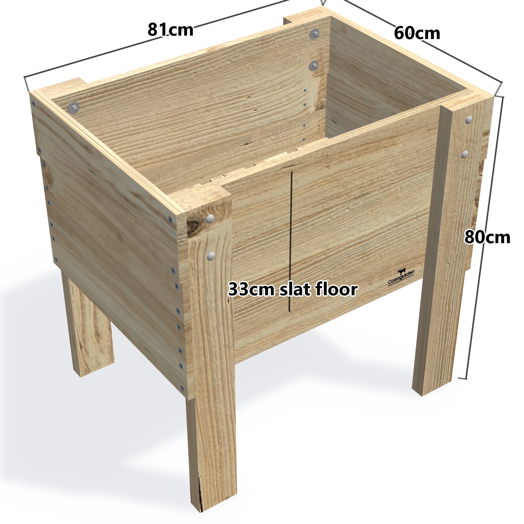 Compact Slatted Raised Planter Box on Legs, 80cm  high — timber planter boxe, dimensions labelled