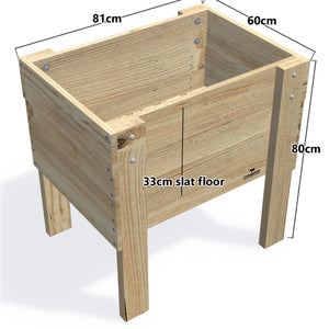 Compact Slatted Raised Planter Box on Legs, 80cm  high — timber planter boxe, dimensions labelled