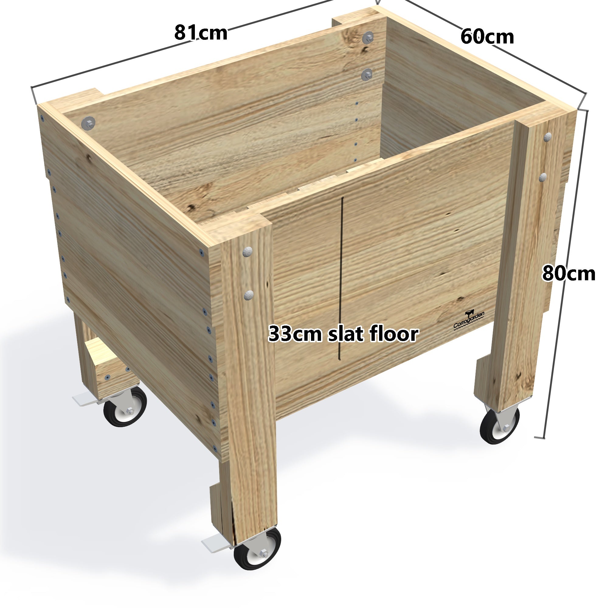 Compact Slatted Raised Planter Box on Legs, 80cm high with wheels — timber planter boxe, dimensions labelled