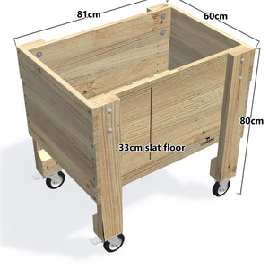 Compact Slatted Raised Planter Box on Legs, 80cm high with wheels — timber planter boxe, dimensions labelled