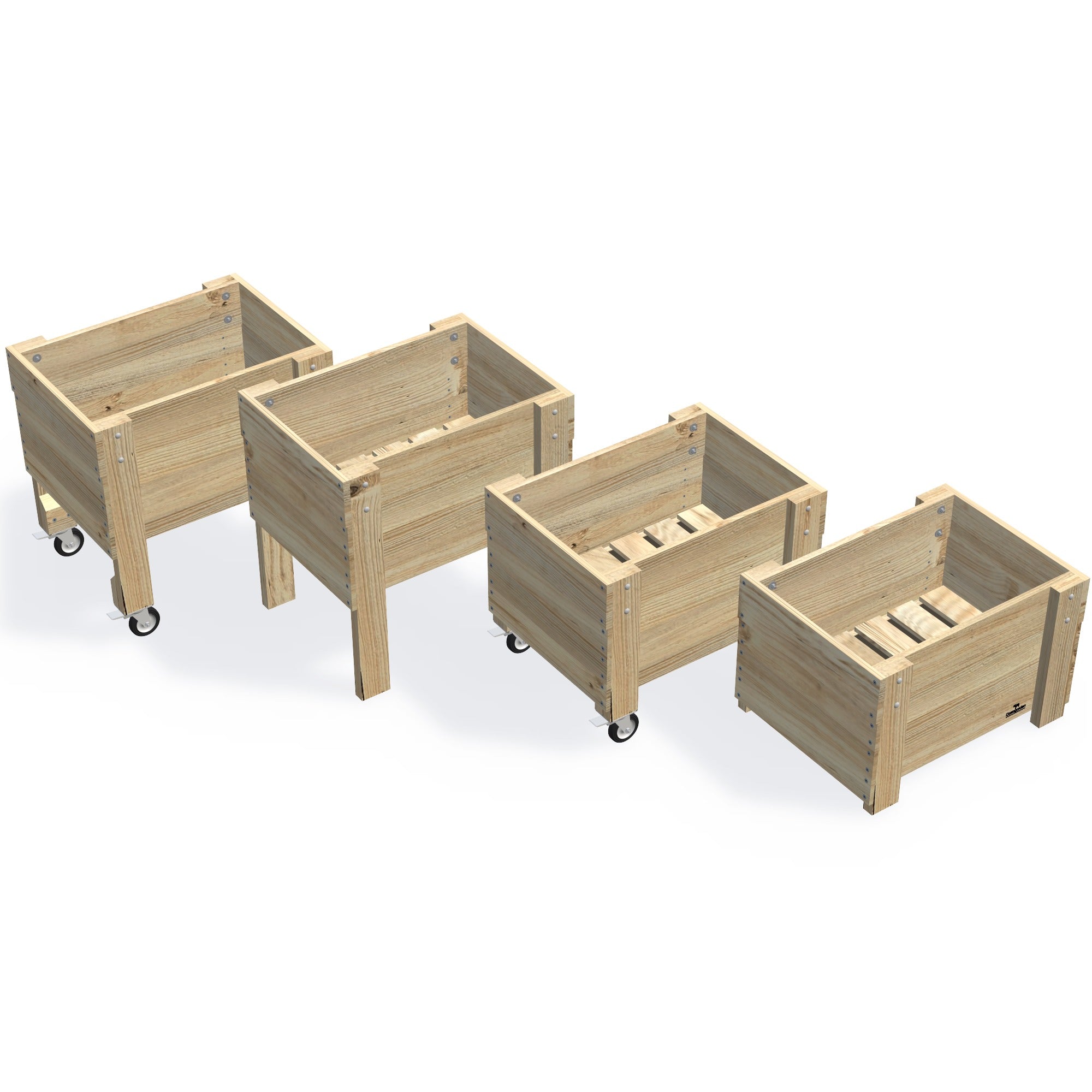 Compact Slatted Raised Planter Box on Legs — the full range of timber planter boxes, shown together