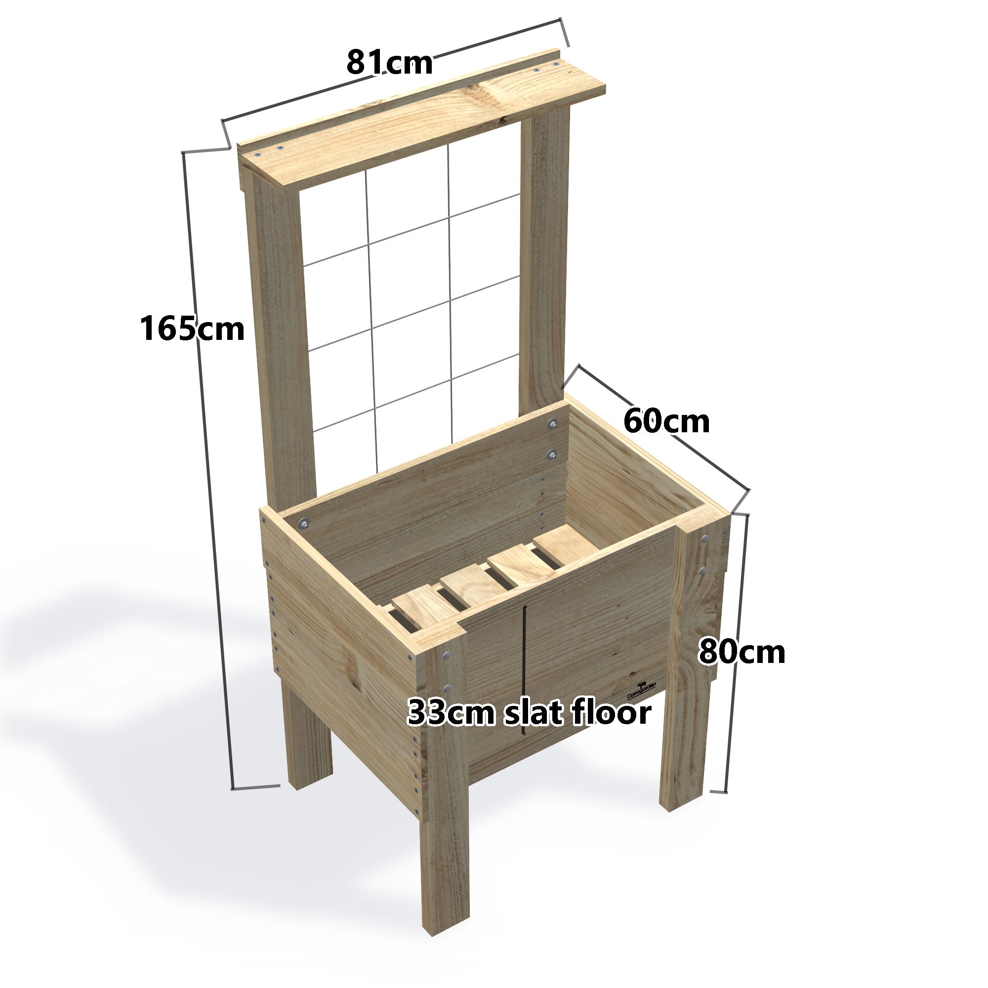 Compact Slatted Raised Planter Box with Trellis on Legs, 80cm  high — timber planter boxe, dimensions labelled
