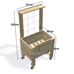 Compact Slatted Raised Planter Box with Trellis on Legs, 80cm high with wheels — timber planter boxe, dimensions labelled