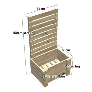 Compact Slatted Raised Planter Box with Trellis on Legs, 50cm high with Privacy Screen 1.6m — timber planter box, dimensions labelled