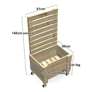 Compact Slatted Raised Planter Box with Trellis on Legs, 60cm high with wheels with Privacy Screen 1.6m — timber planter box, dimensions labelled
