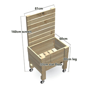 Compact Slatted Raised Planter Box with Trellis on Legs, 80cm high with wheels with Privacy Screen 1.6m — timber planter box, dimensions labelled