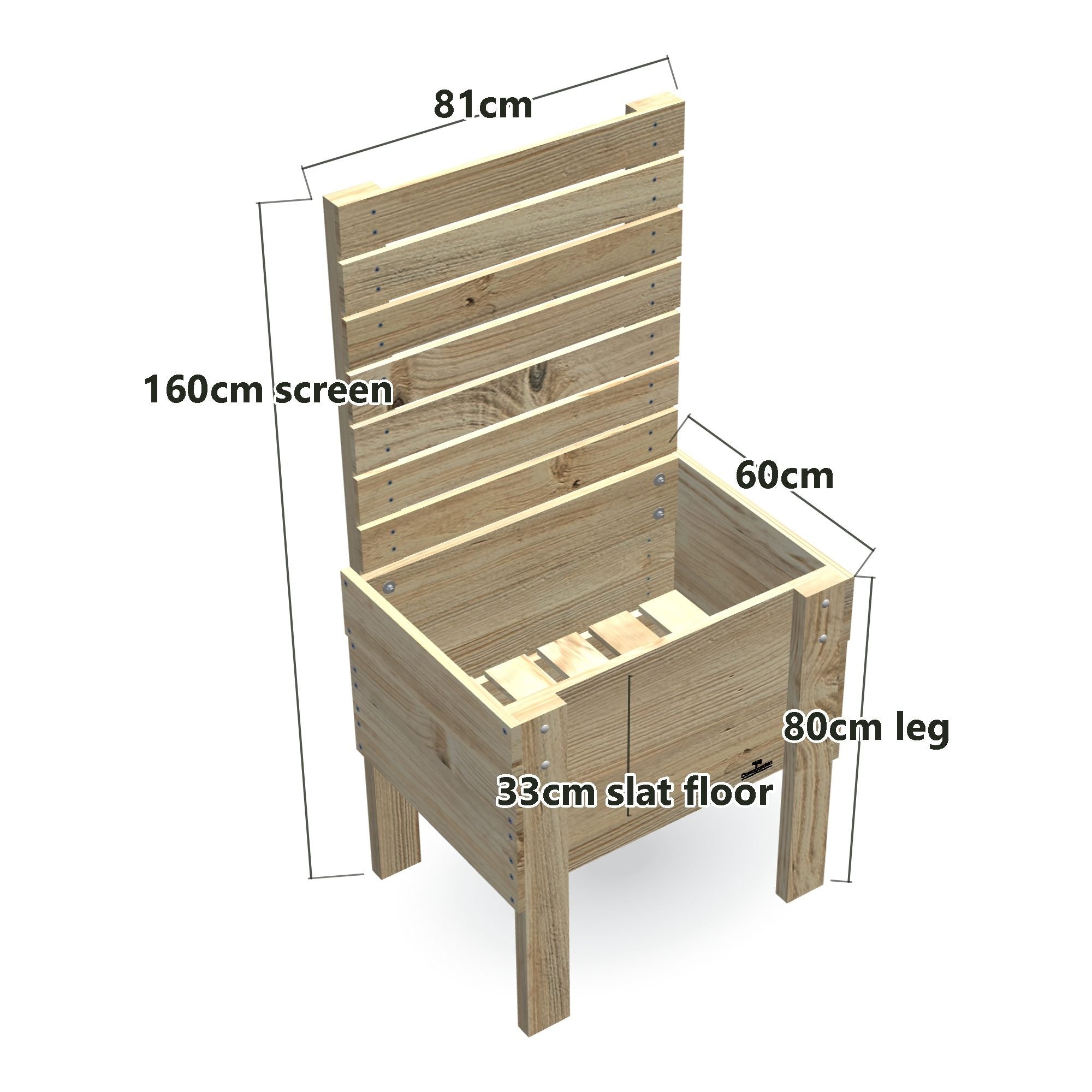 Compact Slatted Raised Planter Box with Trellis on Legs, 80cm high with Privacy Screen 1.6m — timber planter box, dimensions labelled