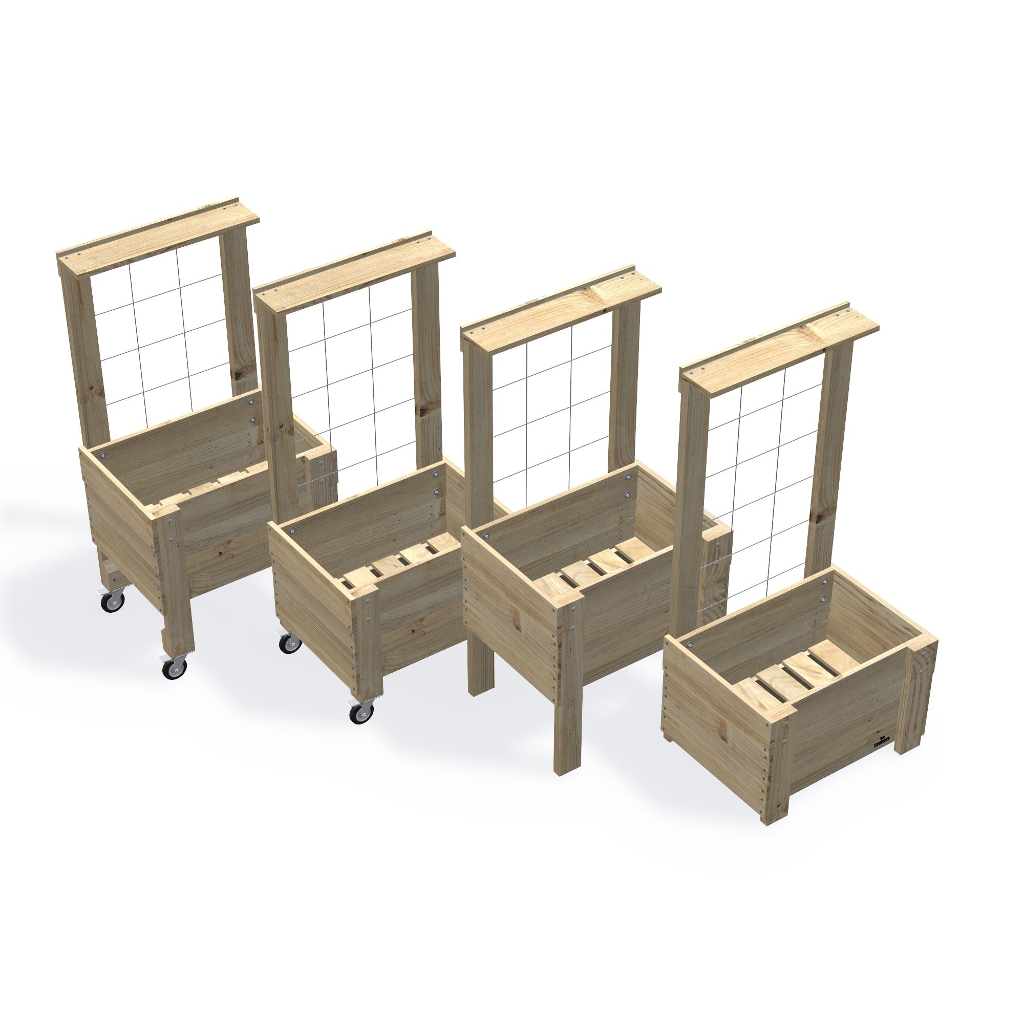 Compact Slatted Raised Planter Box with Trellis on Legs — the full range of timber planter boxes, shown together