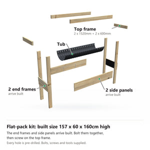 Grow Frame kit, Large 80cm raised garden bed, 23cm tub, pulled apart: 2 built end frames, 2 built side panels, the tub and the top frame rails. Built size 157 x 60 x 160cm high.