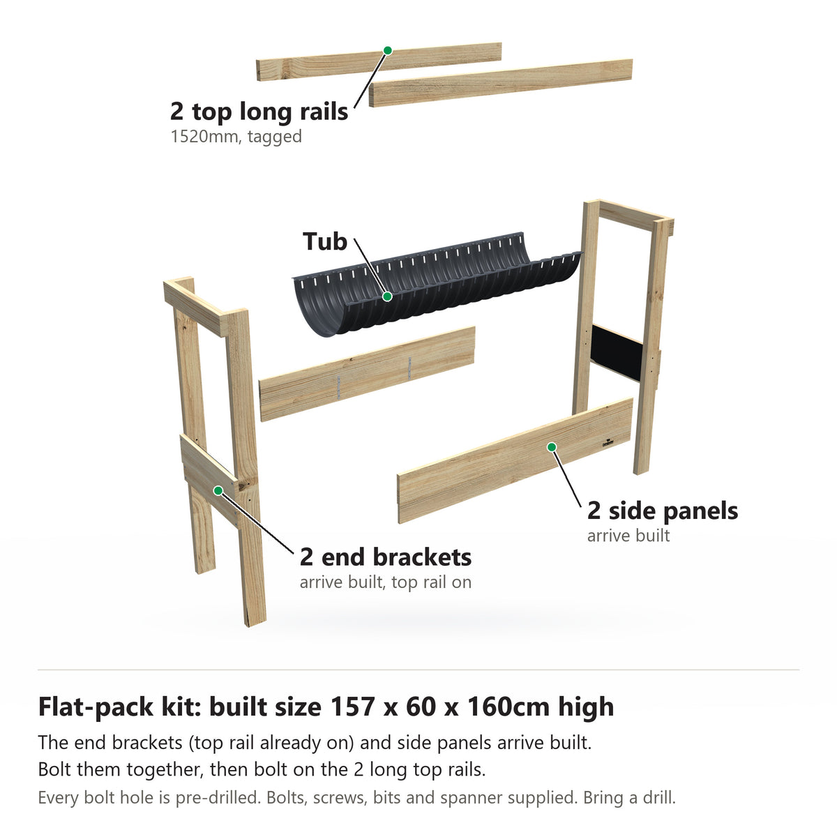 Grow Frame kit, Large 80cm raised garden bed, 23cm tub, pulled apart: 2 built end brackets with their top rail on, 2 built side panels, the tub and the 2 top long rails. Built size 157 x 60 x 160cm high.