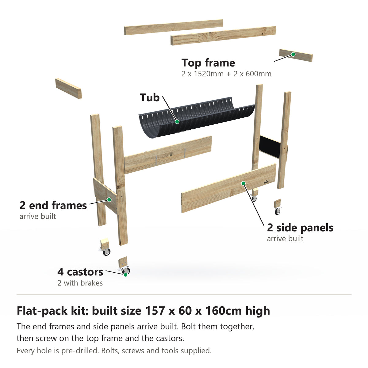 Grow Frame kit, Large 80cm raised garden bed, 23cm tub, on wheels, pulled apart: 2 built end frames, 2 built side panels, the tub and the top frame rails and 4 castors. Built size 157 x 60 x 160cm high.