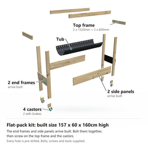 Grow Frame kit, Large 80cm raised garden bed, 23cm tub, on wheels, pulled apart: 2 built end frames, 2 built side panels, the tub and the top frame rails and 4 castors. Built size 157 x 60 x 160cm high.