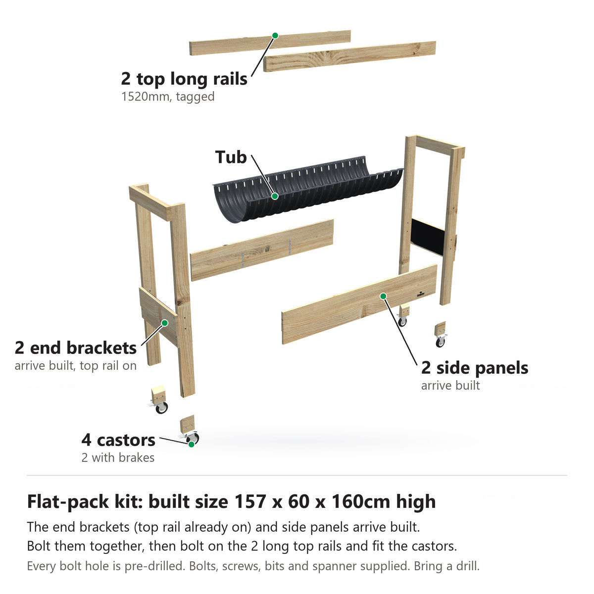 Grow Frame kit, Large 80cm raised garden bed, 23cm tub, on wheels, pulled apart: 2 built end brackets with their top rail on, 2 built side panels, the tub and the 2 top long rails and 4 castors. Built size 157 x 60 x 160cm high.