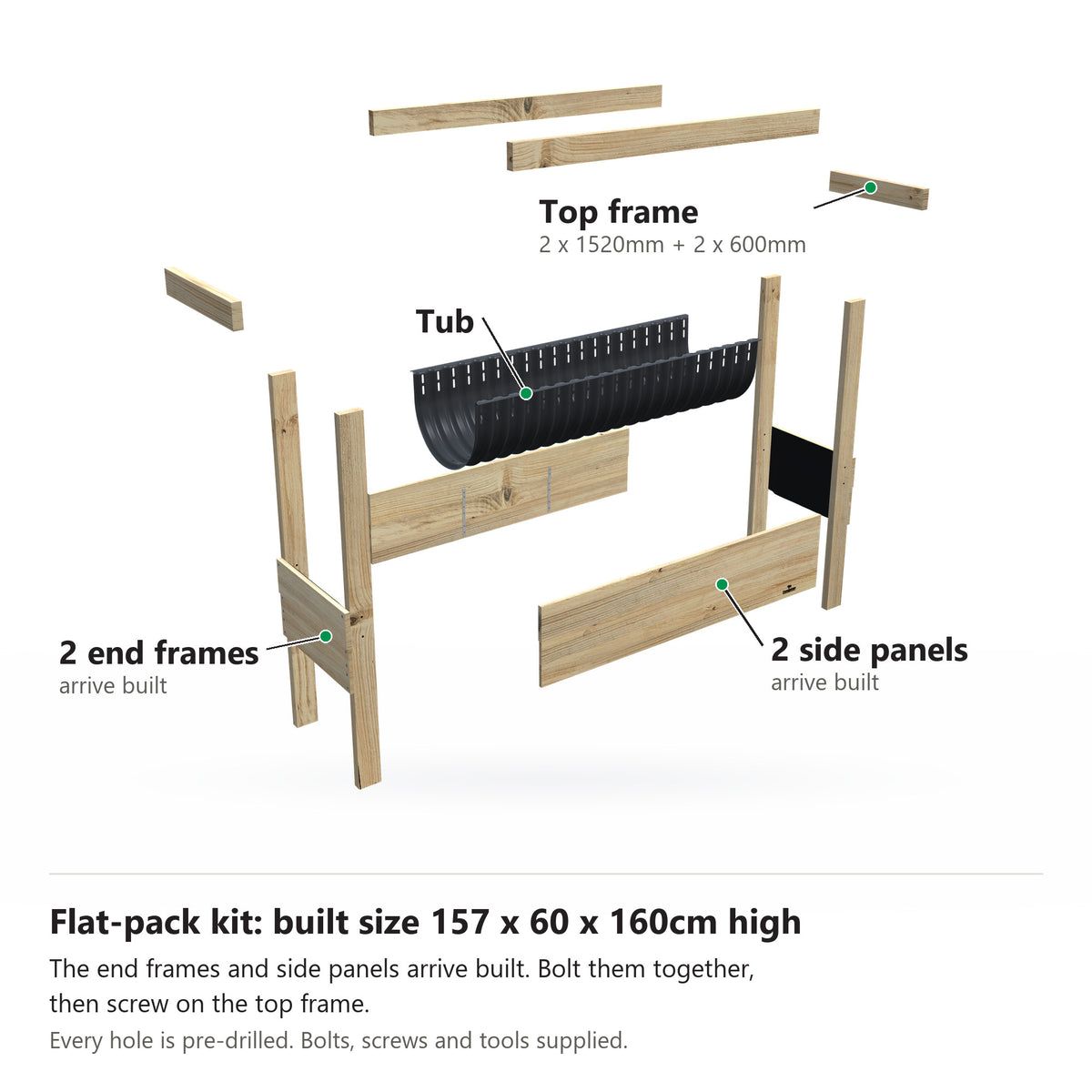 Grow Frame kit, Large 80cm raised garden bed, 35cm tub, pulled apart: 2 built end frames, 2 built side panels, the tub and the top frame rails. Built size 157 x 60 x 160cm high.