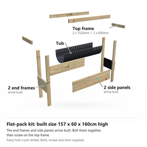 Grow Frame kit, Large 80cm raised garden bed, 35cm tub, pulled apart: 2 built end frames, 2 built side panels, the tub and the top frame rails. Built size 157 x 60 x 160cm high.