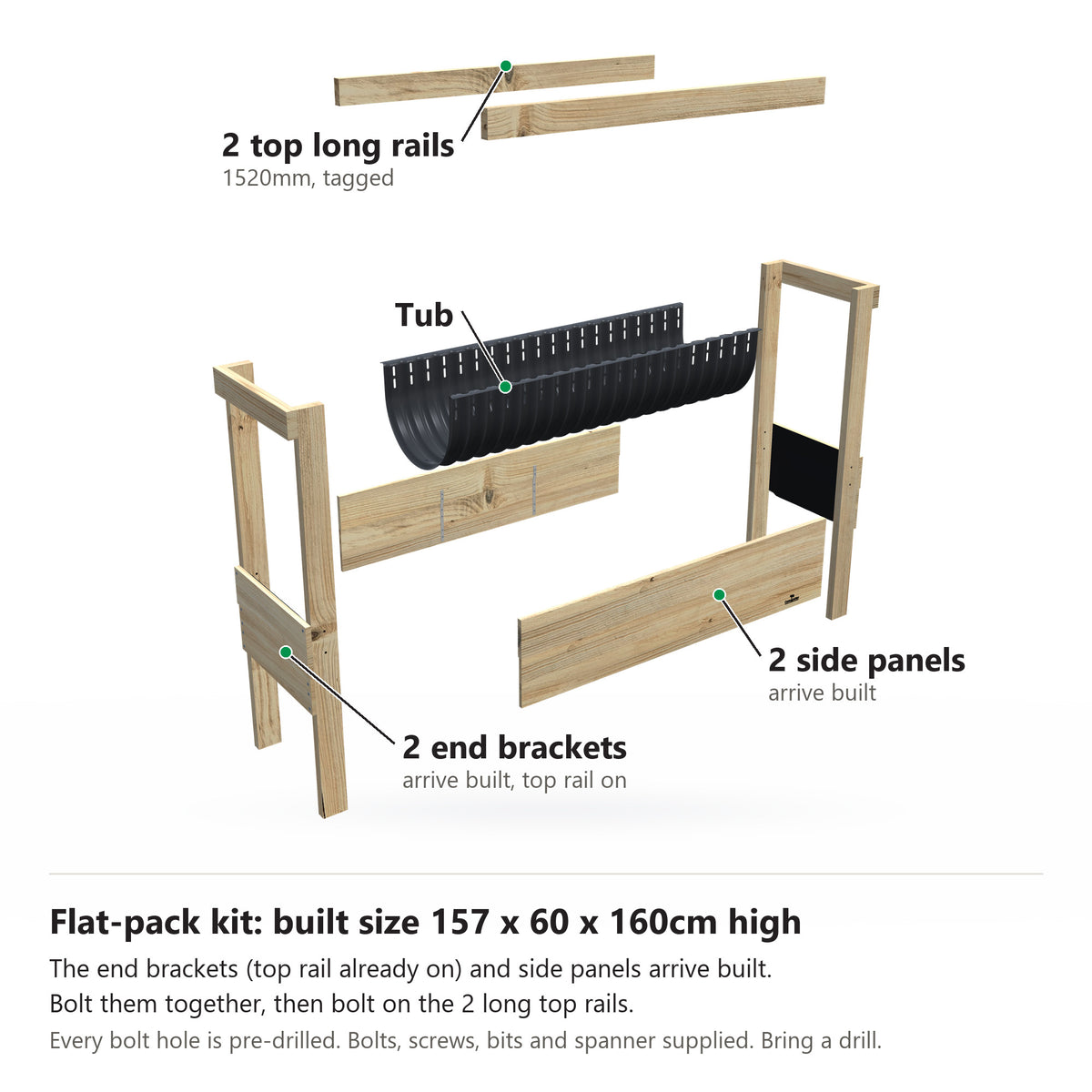 Grow Frame kit, Large 80cm raised garden bed, 35cm tub, pulled apart: 2 built end brackets with their top rail on, 2 built side panels, the tub and the 2 top long rails. Built size 157 x 60 x 160cm high.