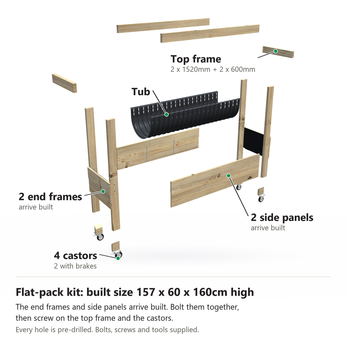 Grow Frame kit, Large 80cm raised garden bed, 35cm tub, on wheels, pulled apart: 2 built end frames, 2 built side panels, the tub and the top frame rails and 4 castors. Built size 157 x 60 x 160cm high.