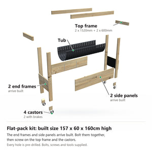 Grow Frame kit, Large 80cm raised garden bed, 35cm tub, on wheels, pulled apart: 2 built end frames, 2 built side panels, the tub and the top frame rails and 4 castors. Built size 157 x 60 x 160cm high.