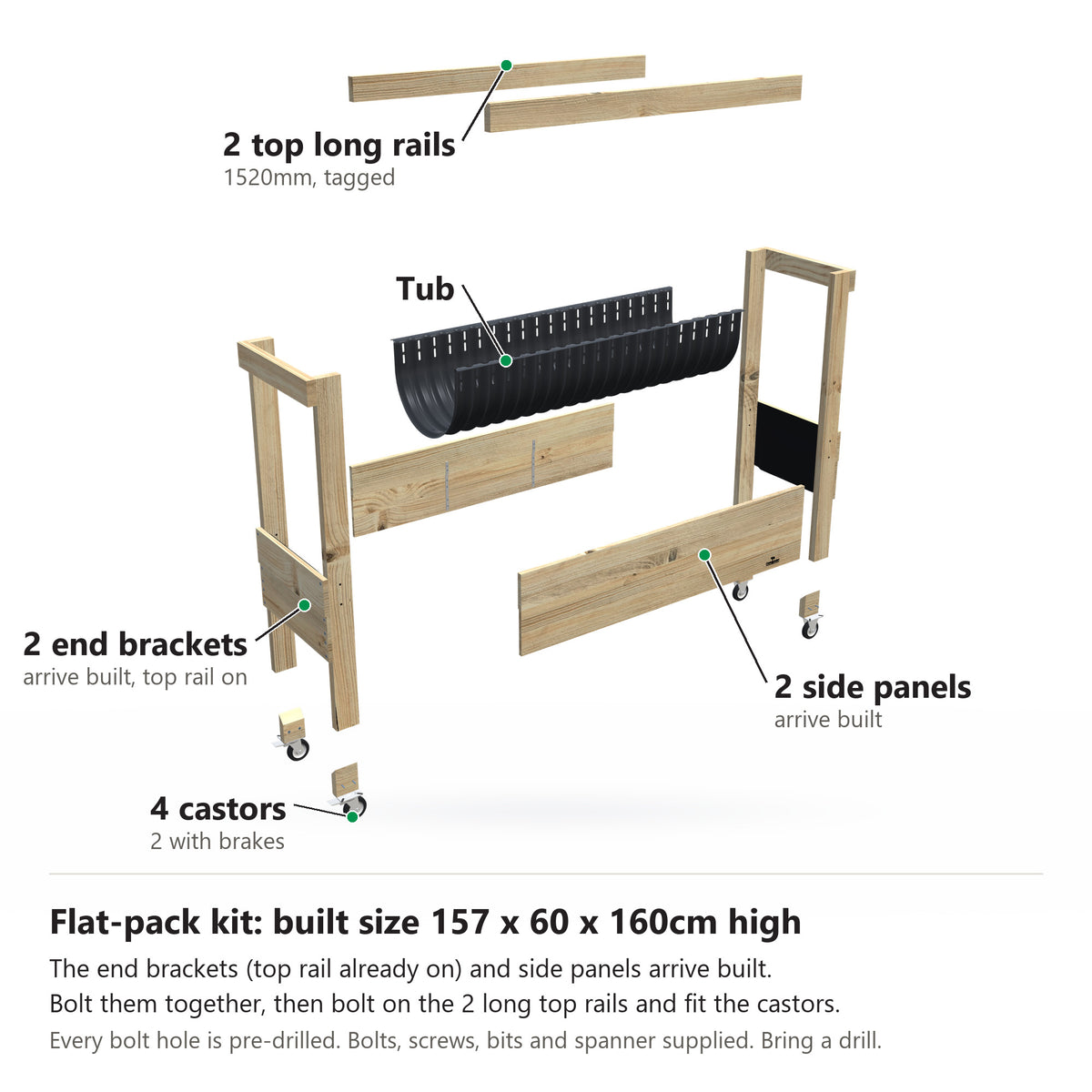 Grow Frame kit, Large 80cm raised garden bed, 35cm tub, on wheels, pulled apart: 2 built end brackets with their top rail on, 2 built side panels, the tub and the 2 top long rails and 4 castors. Built size 157 x 60 x 160cm high.