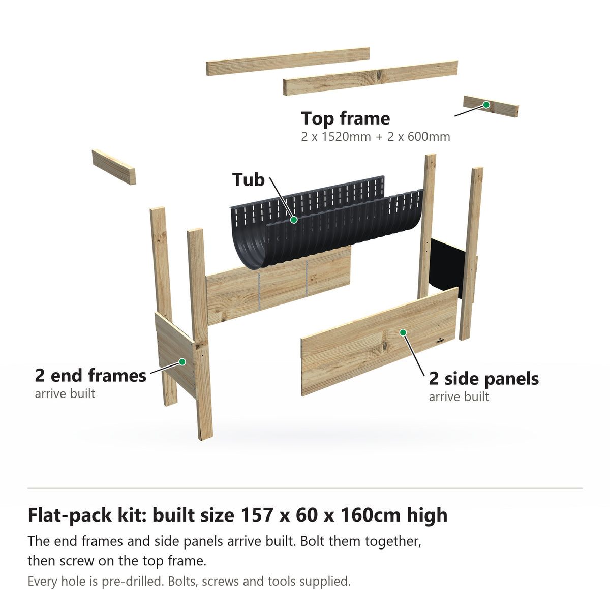 Grow Frame kit, Large 80cm raised garden bed, 41cm tub, pulled apart: 2 built end frames, 2 built side panels, the tub and the top frame rails. Built size 157 x 60 x 160cm high.
