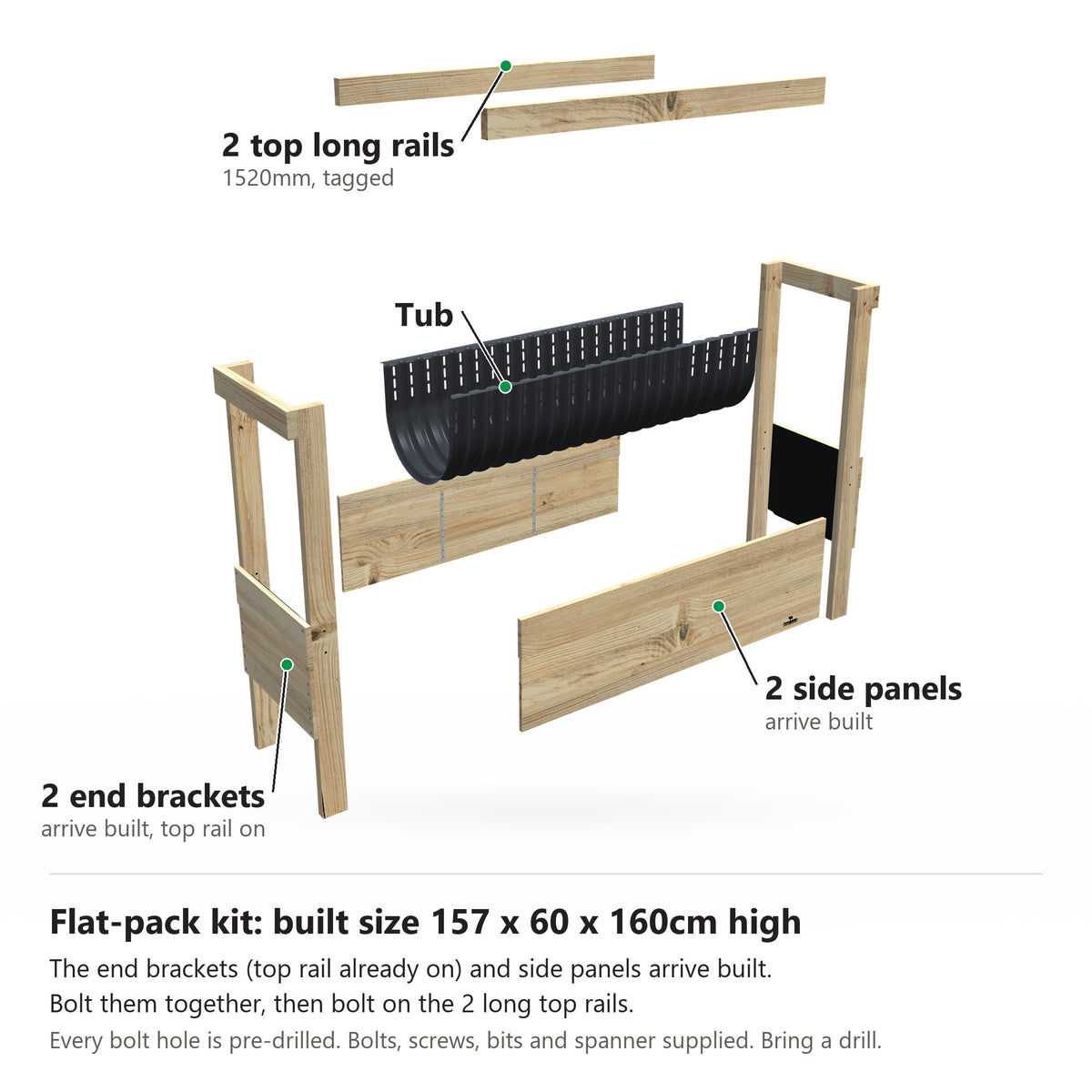 Grow Frame kit, Large 80cm raised garden bed, 41cm tub, pulled apart: 2 built end brackets with their top rail on, 2 built side panels, the tub and the 2 top long rails. Built size 157 x 60 x 160cm high.