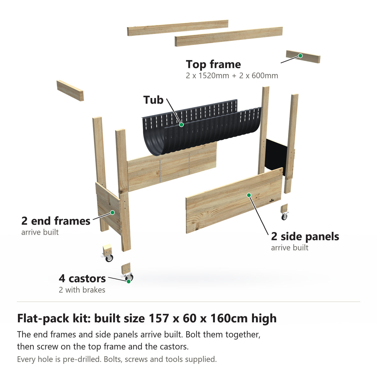 Grow Frame kit, Large 80cm raised garden bed, 41cm tub, on wheels, pulled apart: 2 built end frames, 2 built side panels, the tub and the top frame rails and 4 castors. Built size 157 x 60 x 160cm high.