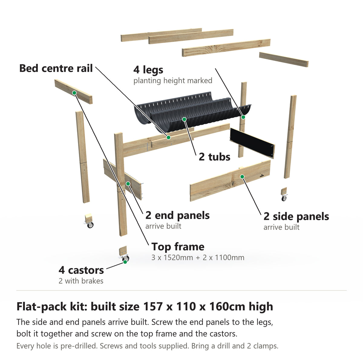 Grow Frame kit, Wide 80cm raised garden bed, 23cm tub, on wheels, pulled apart: 4 legs, 2 built end panels, 2 built side panels, the bed centre rail, 2 tubs and the top frame rails and 4 castors. Built size 157 x 110 x 160cm high.