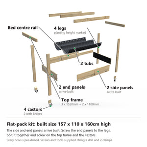 Grow Frame kit, Wide 80cm raised garden bed, 23cm tub, on wheels, pulled apart: 4 legs, 2 built end panels, 2 built side panels, the bed centre rail, 2 tubs and the top frame rails and 4 castors. Built size 157 x 110 x 160cm high.