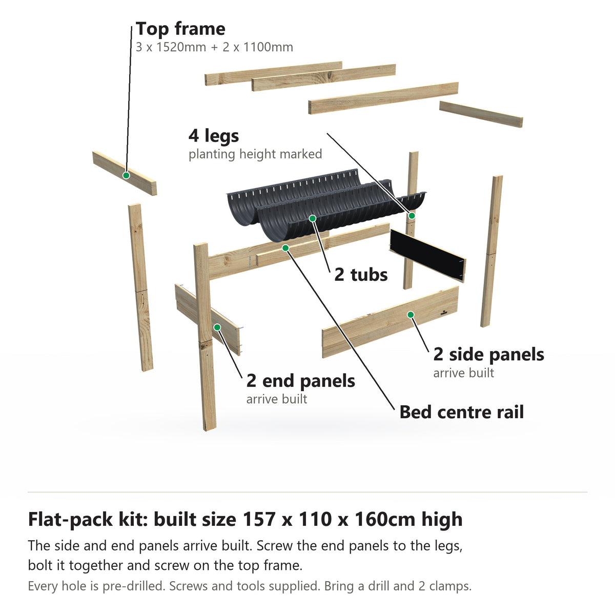 Grow Frame kit, Wide 80cm raised garden bed, 23cm tub, pulled apart: 4 legs, 2 built end panels, 2 built side panels, the bed centre rail, 2 tubs and the top frame rails. Built size 157 x 110 x 160cm high.