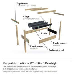 Grow Frame kit, Wide 80cm raised garden bed, 23cm tub, pulled apart: 4 legs, 2 built end panels, 2 built side panels, the bed centre rail, 2 tubs and the top frame rails. Built size 157 x 110 x 160cm high.