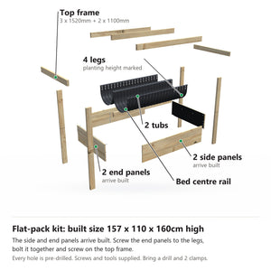 Grow Frame kit, Wide 80cm raised garden bed, 35cm tub, pulled apart: 4 legs, 2 built end panels, 2 built side panels, the bed centre rail, 2 tubs and the top frame rails. Built size 157 x 110 x 160cm high.