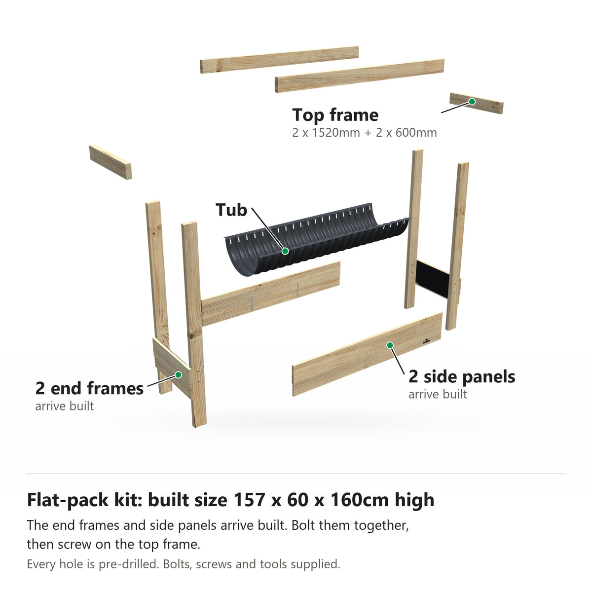 Grow Frame kit, Large 50cm planter box, 23cm tub, pulled apart: 2 built end frames, 2 built side panels, the tub and the top frame rails. Built size 157 x 60 x 160cm high.