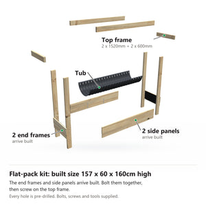 Grow Frame kit, Large 50cm planter box, 23cm tub, pulled apart: 2 built end frames, 2 built side panels, the tub and the top frame rails. Built size 157 x 60 x 160cm high.